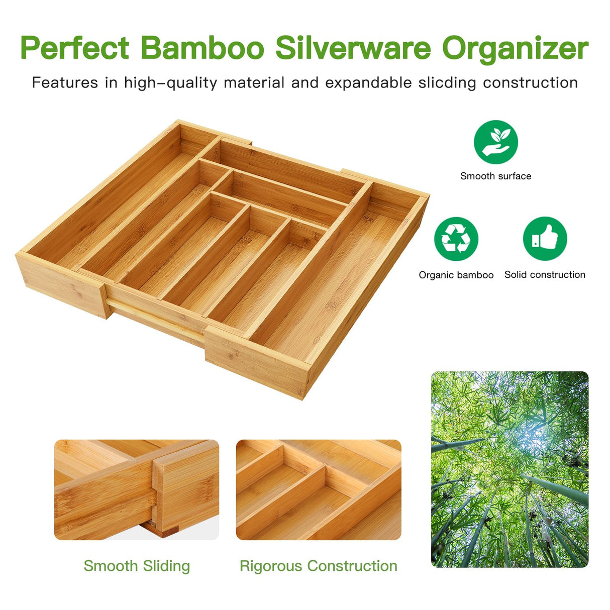 Pipishell Bamboo Expandable Drawer Organizer for Utensils Holder, Adjustable Cutlery Tray, Wood Drawer Dividers Organizer for Silverware, Flatware, Knives in Kitchen, Bedroom, Living Room(M-N) Pipishell