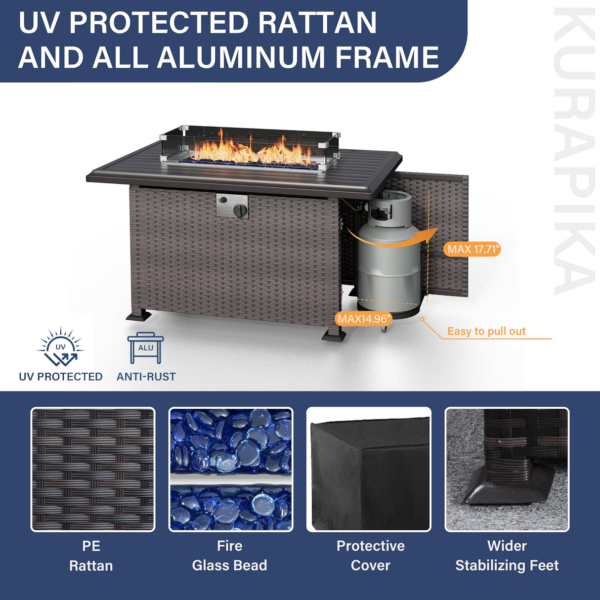 Kurapika 10 Pieces Patio Furniture Set, Rattan Wicker Outdoor Conversation Sets w/43in Propane Fire Pit Table, Swivel Rocking Chairs Patio Sectional Sofa w/4 Inch Cushion, Grey Kurapika