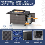 Kurapika 10 Pieces Patio Furniture Set, Rattan Wicker Outdoor Conversation Sets w/43in Propane Fire Pit Table, Swivel Rocking Chairs Patio Sectional Sofa w/4 Inch Cushion, Grey Kurapika