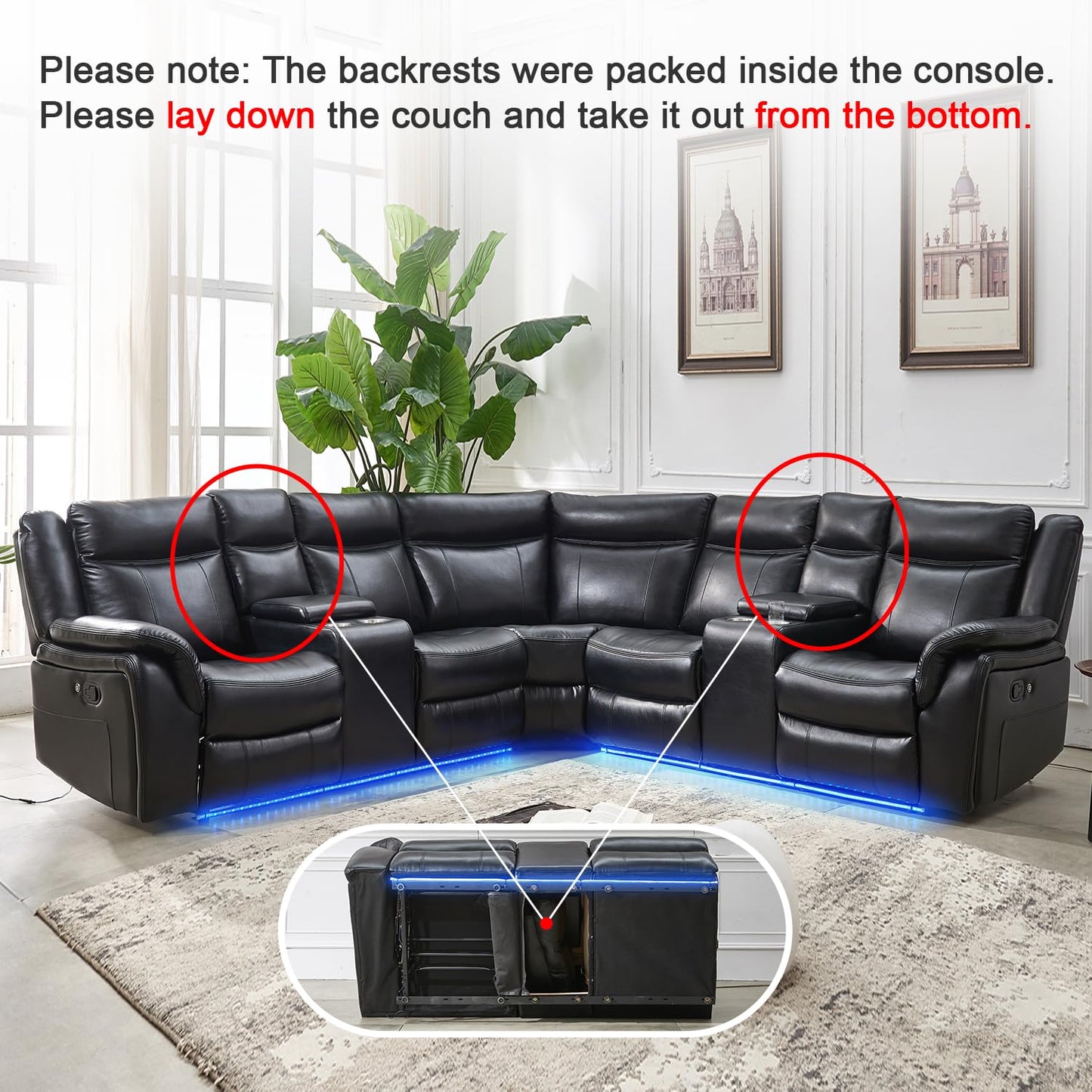 Manual Recliner Sofa Sectional Couches with LED Light for Living Room, Leather Reclining Corner Sectionals Sofa Couch Sets with 2 Theater Recliner Seat, USB, Cup Holder, Storage Console for Home,Black