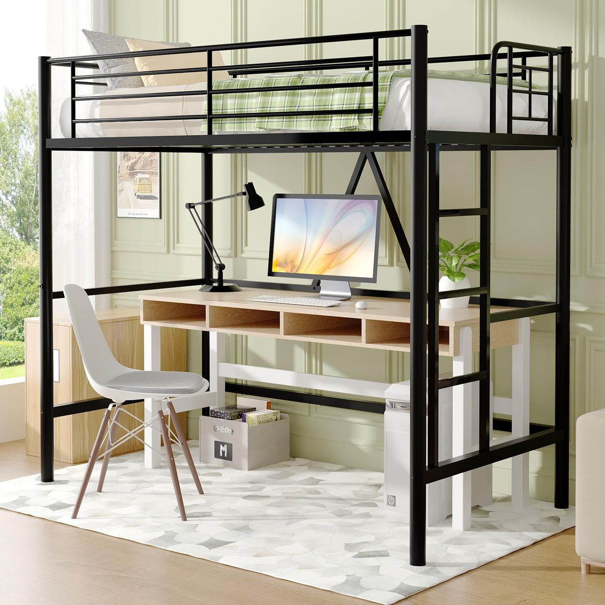 VECELO Metal Loft Bed Twin Size, Heavy Duty Bedframe with Removable Ladder and Safety Guardrail, Space-Saving, Noise Free, No Box Spring Needed, Black VECELO
