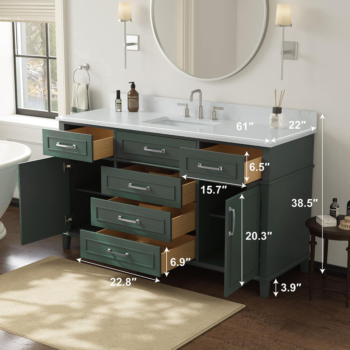 DELUXE LIVING 60 Inch Bathroom Vanity with Sink, Single Sink Bathroom Vanity with Adjustable Feets, Modern Bathroom Storage Cabinet with Soft Closing Doors & Dovetail Drawers, Green DELUXE LIVING