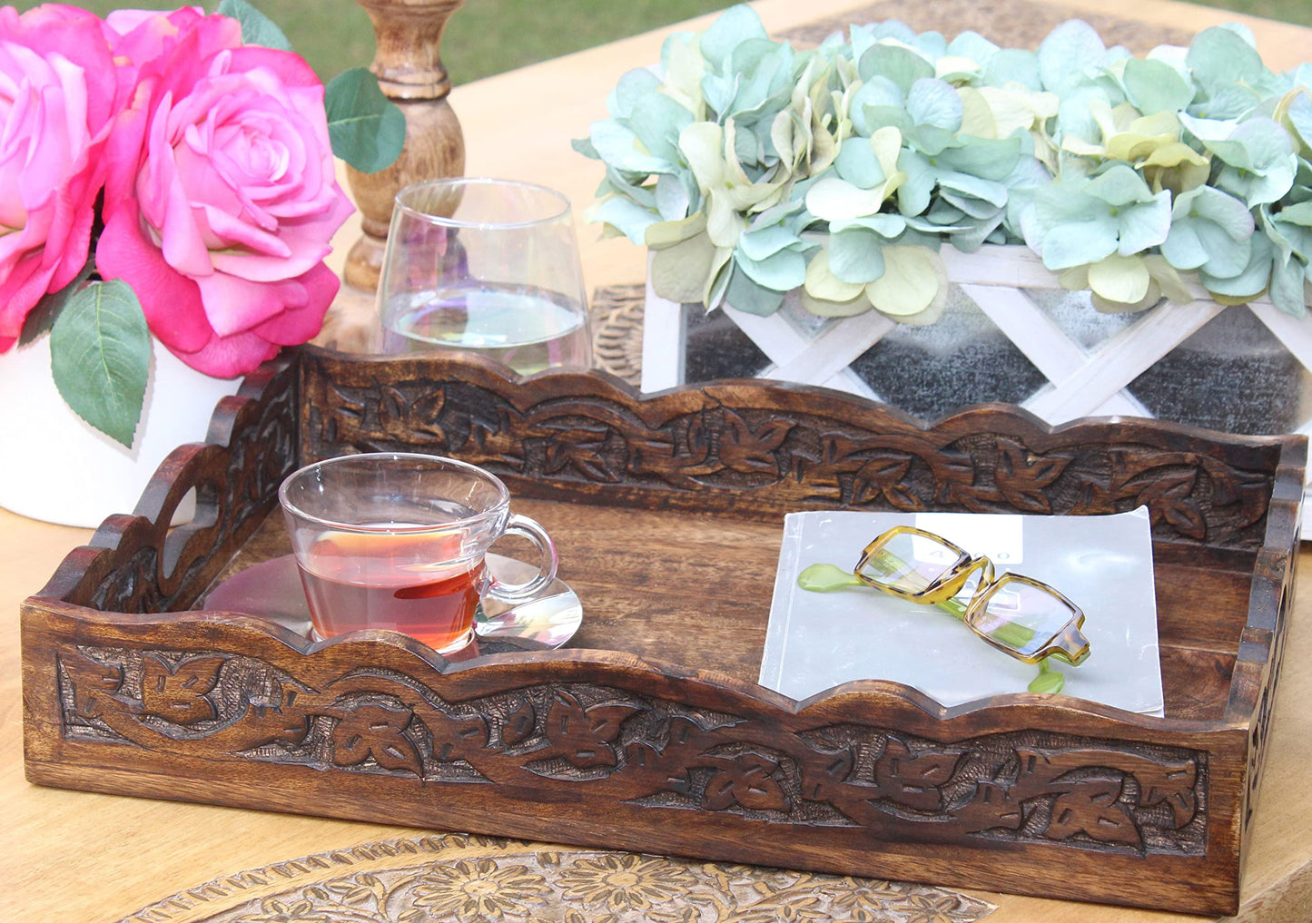 Hand Carved Wooden Serving Tray - Decorative Breakfast Tray with Handles - Rustic Wooden Food Tray with Intricate Detail - Unique Furnishing Accent - Natural Finish - 17 x 13 x 2.5 Inch - COTTON CRAFT