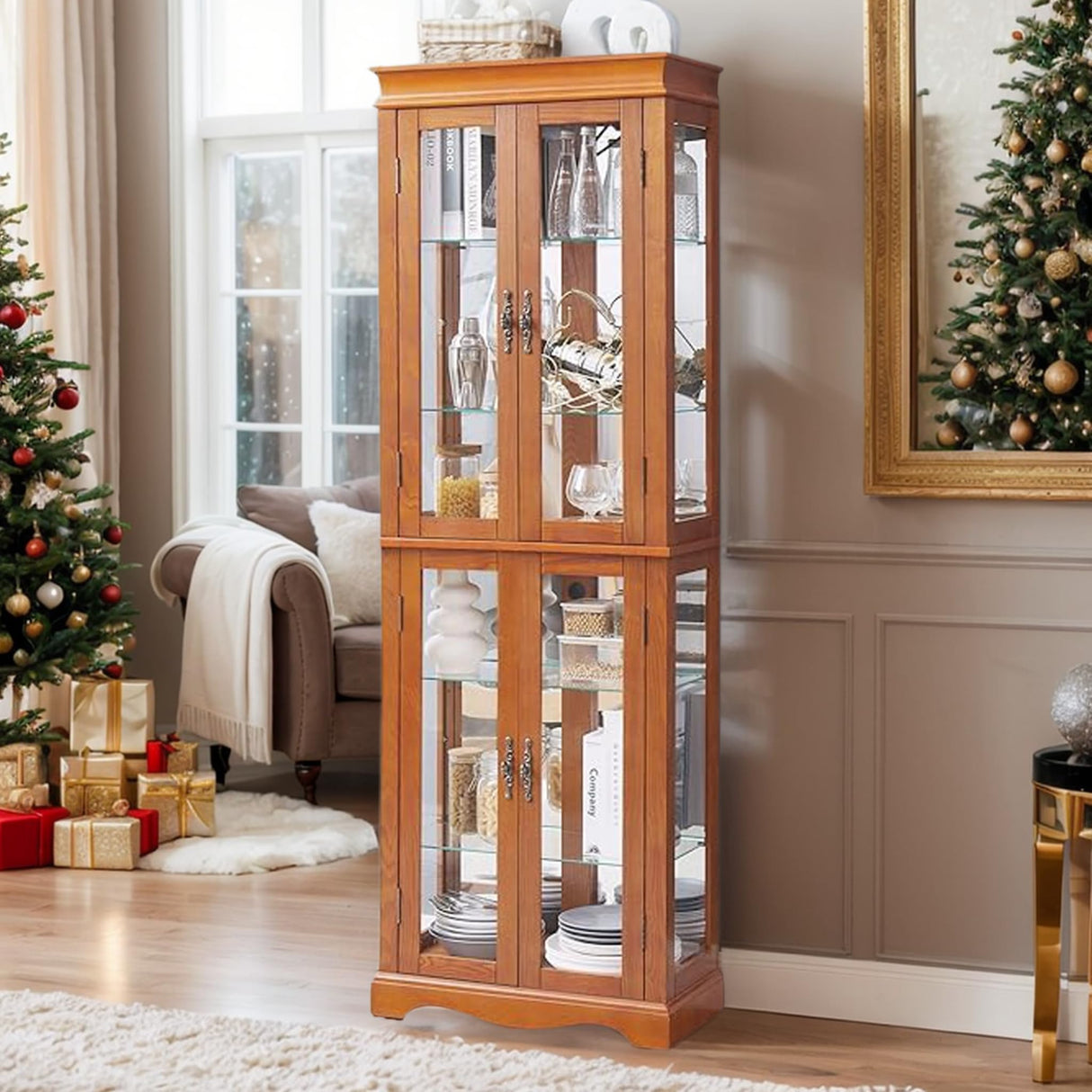 CKEASEAN Curio Cabinet 71" Lighted Glass Display Cabinet, Display Curio Cabinet with Adjustable Glass Shelves Vintage, China Cabinet Light Bulb Included, Curio Storage Cabinet & 6 Shelves(Dark Oak) CKEASEAN