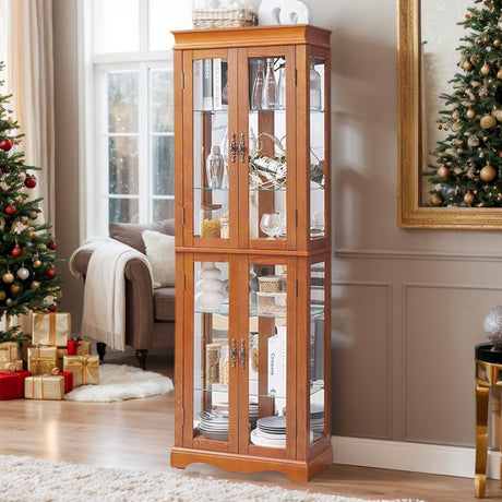 CKEASEAN Curio Cabinet 71" Lighted Glass Display Cabinet, Display Curio Cabinet with Adjustable Glass Shelves Vintage, China Cabinet Light Bulb Included, Curio Storage Cabinet & 6 Shelves(Dark Oak) CKEASEAN