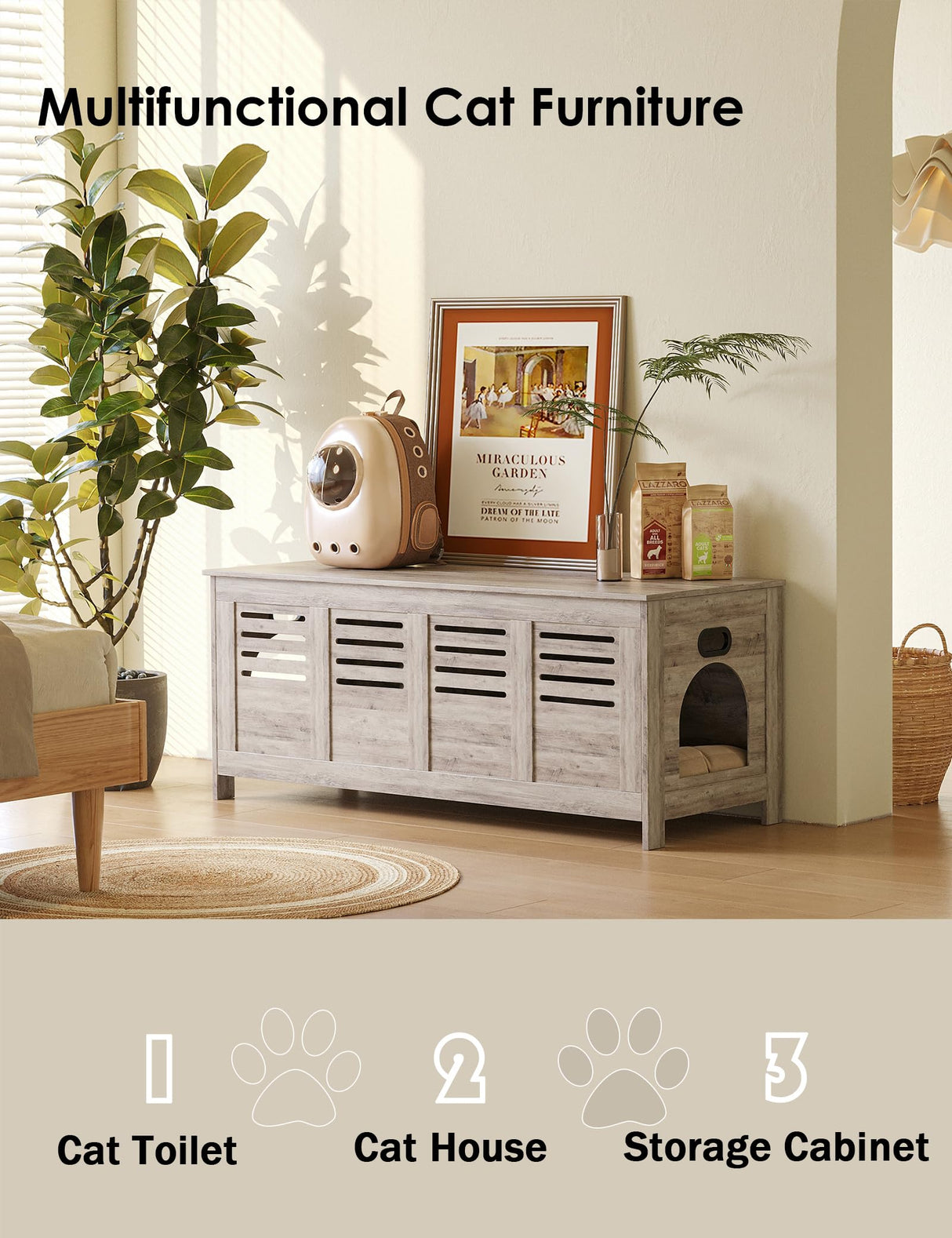 DINZI LVJ Litter Box Enclosure Furniture for 2 Cats, Top Opening Hidden Litter Box with Double Rooms, Dual Cat House with Good Ventilation, 47.2" Wooden Cat Washroom, Box Cabinet, Greige DINZI LVJ