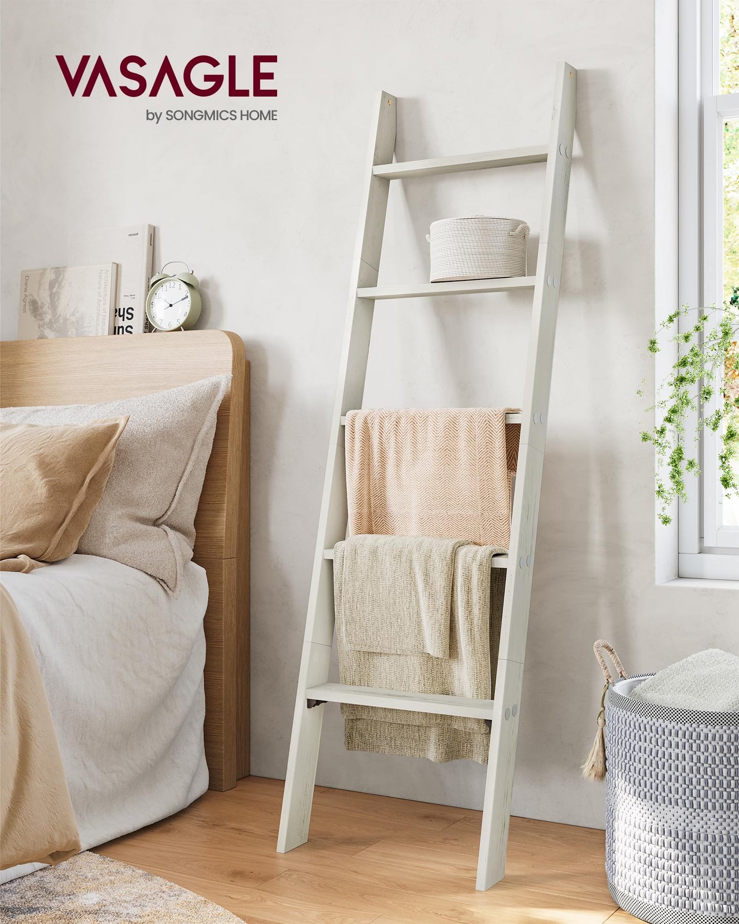 VASAGLE Blanket Ladder Decorative Farmhouse for The Living Room, 5-Tier Ladder Shelf, Ladder Rack for Storage and Decor, Rustic White ULLS018W73 - WoodArtSupply