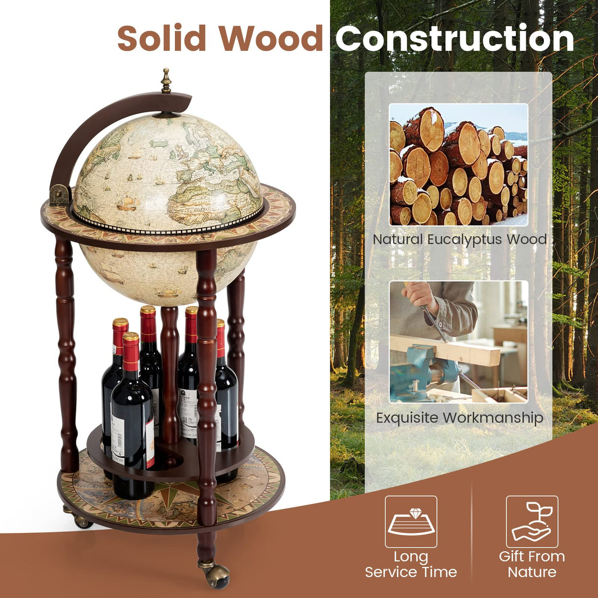 Goplus Globe Bar, 17.5” Globe Bar Liquor Cabinet with Wheels, Bottom Shelf, Old World Map, 16th Century Italian Replica Bar Globe, Retro Wine Stand, Globe Bar Cart for Dining Room Living Room Home Goplus