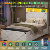 Hasuit Farmhouse Bed Frame Twin Size with Storage Headboard, Charging Station and LED Light, Wooden Twin Bed Frame with Storage Ottoman, Barn Door Design, No Box Spring Needed, No Noise (Walnut White) Hasuit