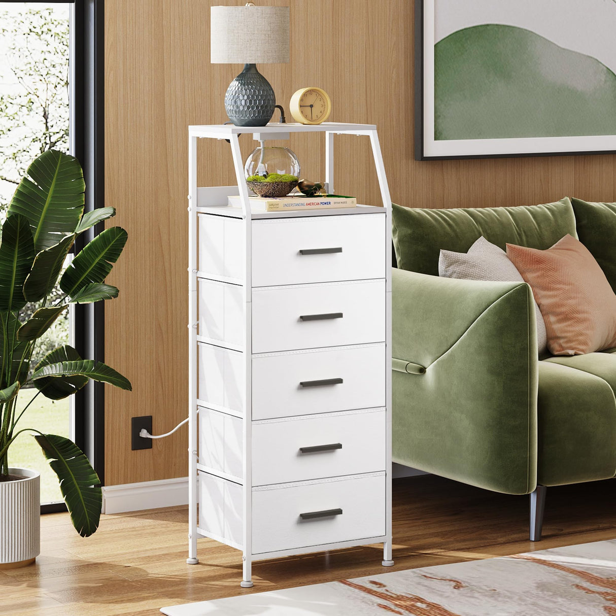 NASHZEN Nightstand 5 Drawer Dresser with Charging Station, Side Table with Fabric Drawers, End Table with Open Shelf, Tall Dresser for Bedroom, Hallway, Entryway NASHZEN