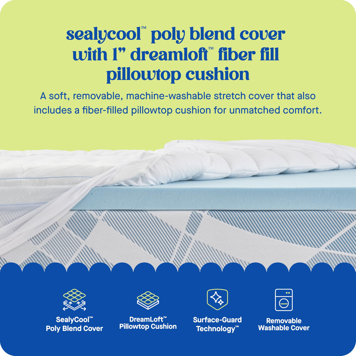 Sealy Dreamlife 3” Gel Memory Foam Queen Mattress Topper with 1” Quilted Cooling Cover, SealyComfort Gel Foam, SealyCool Poly Blend Cover SEALY