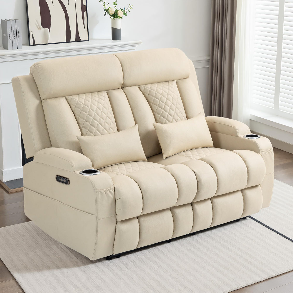 Zero Wall Hugger Power Reclining Loveseat with Adjustable Headrest, Fabric Electric Recliner Sofa with USB & Type-C Ports, Dual Cup Holders, 2-Seater Couch for Living Room, RV, Home Theater (Beige) LURVIA