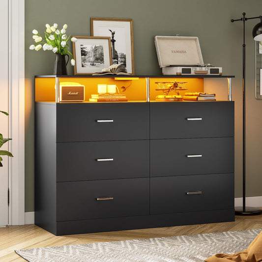 AOGLLATI Black Dresser for Bedroom with 6 Drawers, Dressers & Chests of Drawers with Column Design & Charging Station, Modern Bedroom Led Wide Dresser for Bedroom Closet