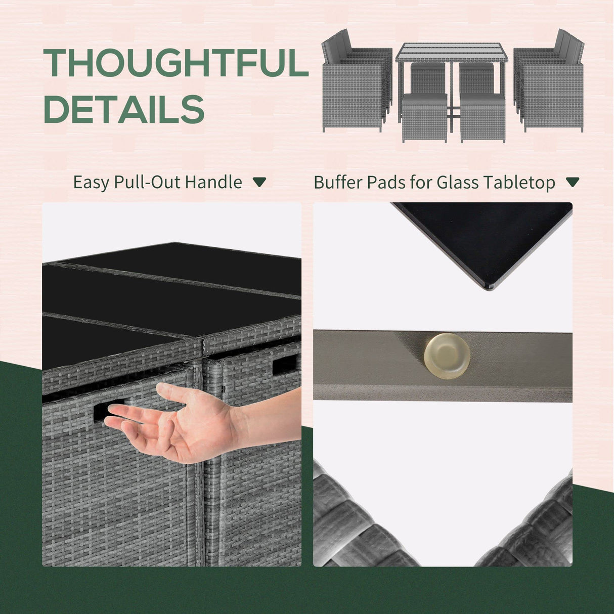 Outsunny 11 Pieces Outdoor Dining Set for 10, Space Saving Wicker Chairs and Glass Table with Cushions and Ottomans, Rattan Conversation Patio Furniture Set for Garden Backyard Deck, Dark Gray Outsunny