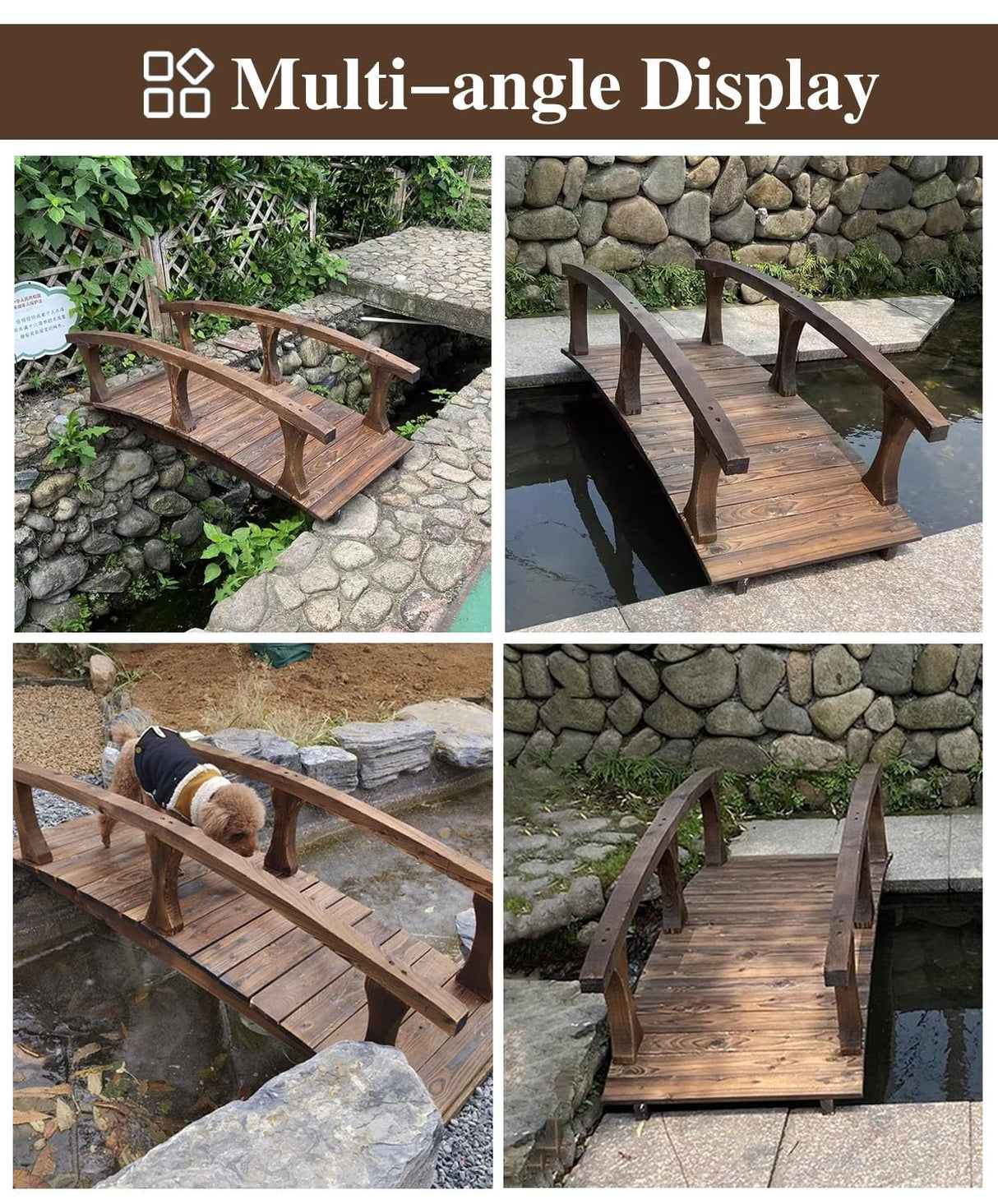 ZIMGOD Outside Curved Pond Bridges with Side Rails, Japanese Garden Bridge Decor for Yard Deck Patio, Classic Footbridge Pathway, Wooden Walkway Bridge ZIMGOD