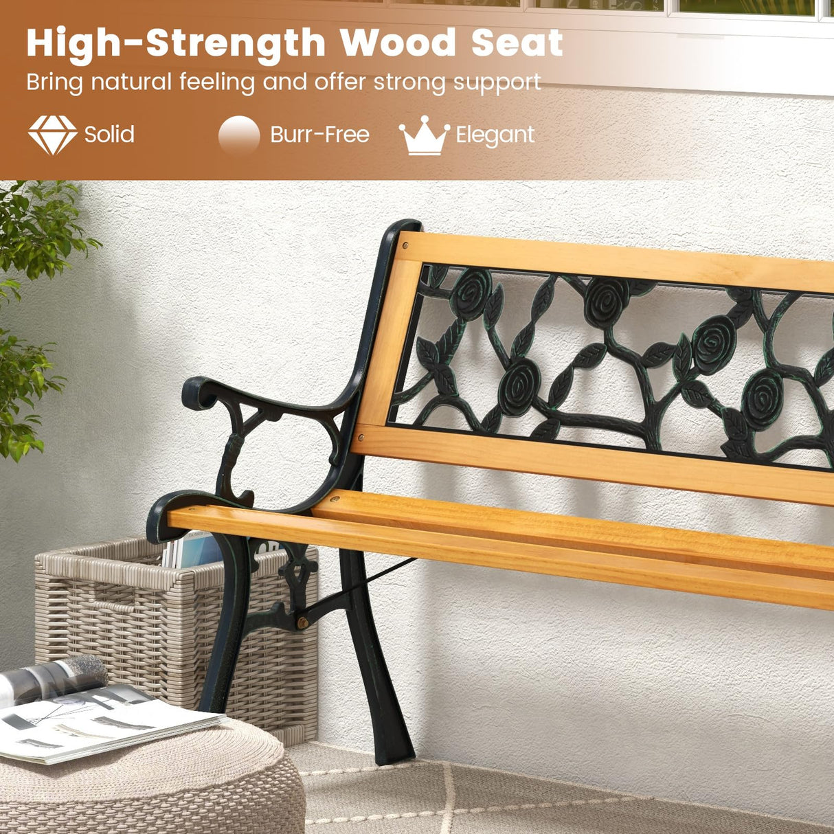 Tangkula Outdoor Garden Bench Park Bench, Patio Iron Bench Chair with Cast Iron & Hardwood Structure, Weather Proof Porch Loveseat, Perfect for Backyard, Deck, Lawn, Poolside Tangkula