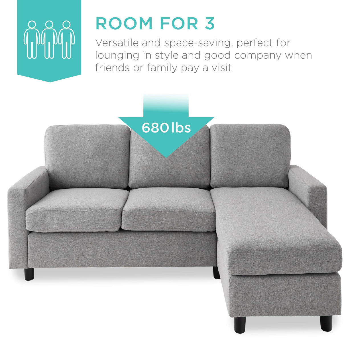 Best Choice Products Upholstered Sectional Sofa for Home, Apartment, Dorm, Bonus Room, Compact Spaces w/Chaise Lounge, 3-Seat, L-Shape Design, Reversible Ottoman Bench, 680lb Capacity - Light Gray Best Choice Products