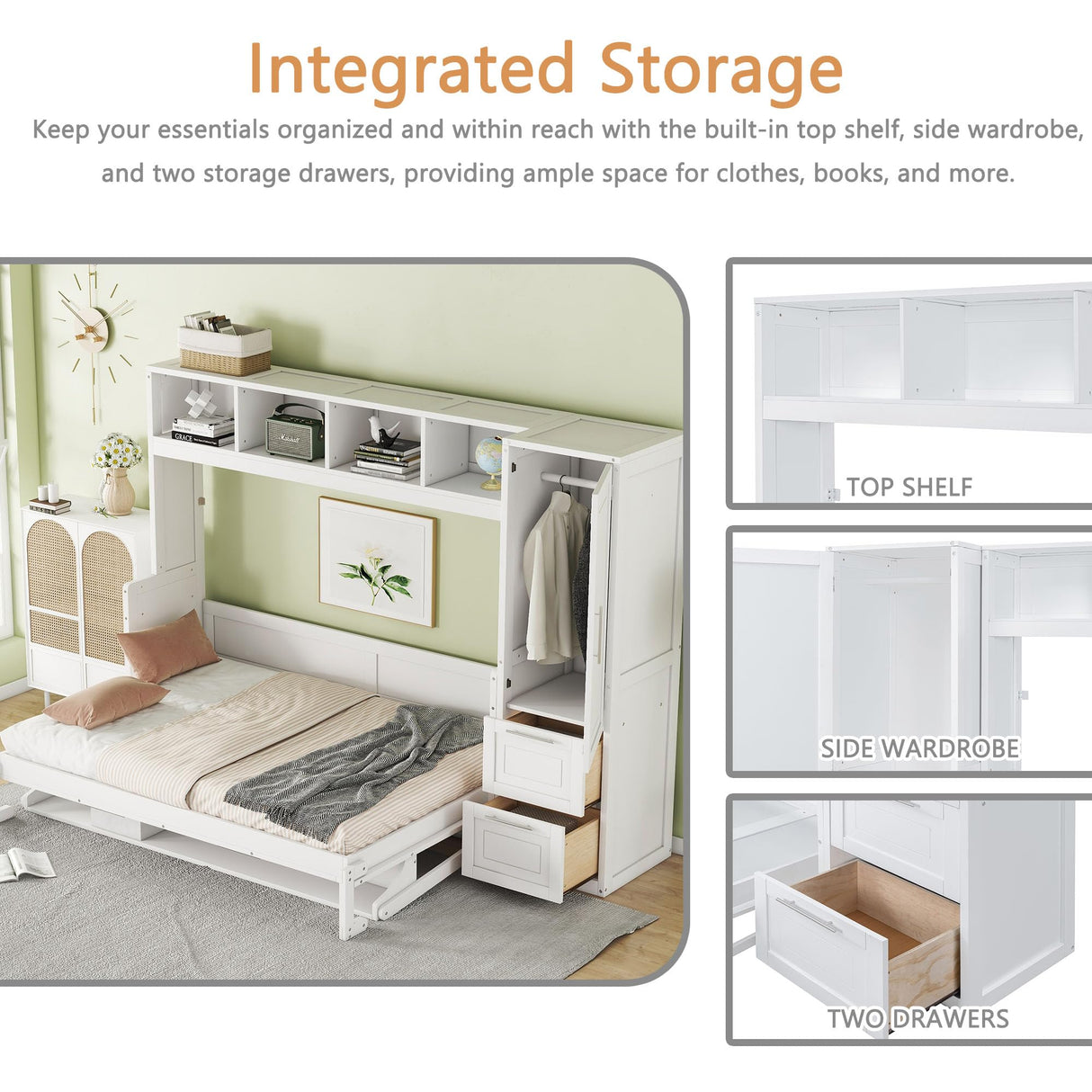 Linique Full Size Murphy Cabinet Storage Wall Bed with Closet and Drawers and Built-in Top Shelf,Hide a Bed on a Wardrobe Space Saving Design,White Linique