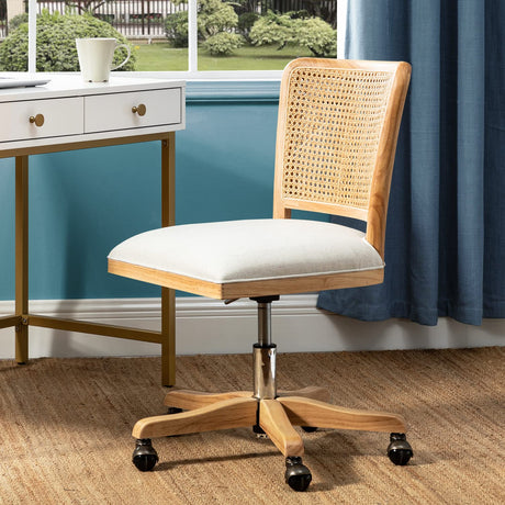 Modern Home Office Chair Comfortable Upholstered Armless Desk Chair, Adjustable Swivel Rolling Computer Chair with Rattan Mid-Back Support, Linen TINA'S HOME