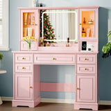 Vanity Desk with HD Lighted Mirror & Power Outlet, Farmhouse Makeup Vanity Table Set with Storage Drawers & RGB Cabinets, Large Dressing Table with 3 Lighting Modes for Women Girls Kids Bedroom, Pink Xixini