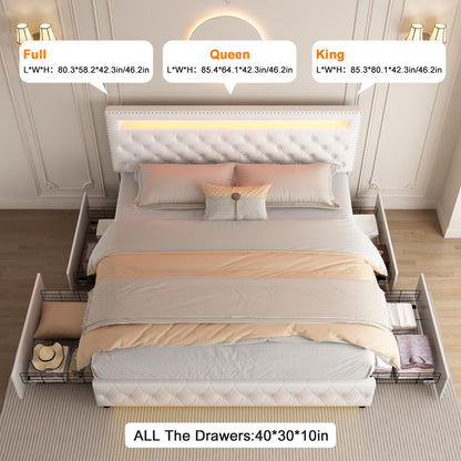 Queen Storage Bed Frame with LED Headboard and 4 Drawers in White - WoodArtSupply