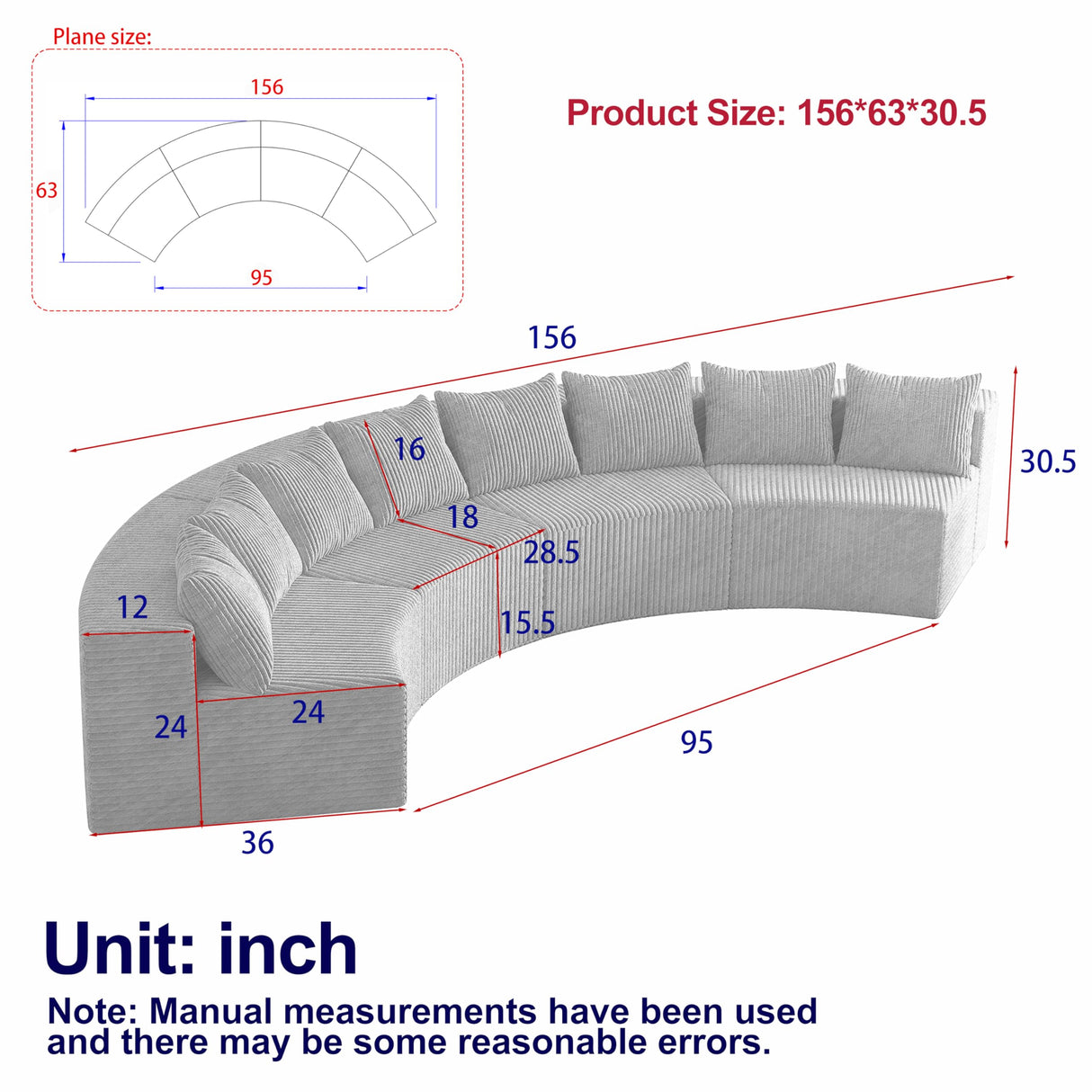 KEIKI Corduroy Curved Sectional Sofa, 4 Seater Symmetrical Modular Semi Circular Couch, Deep Seat Tufted Corner Sofa for Living Room, Lobby, Gray KEIKI