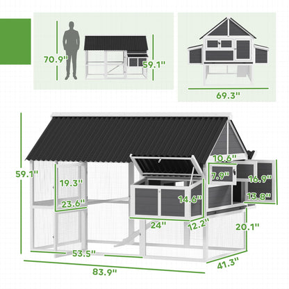 PawHut Chicken Coop with Run, Large Wooden Chicken House with 2 Nesting Boxes, 2 Roosting Bars, Ramp & Tray, Hen House Poultry Cage for 6-8 Chickens, 69" W x 84" x 59"