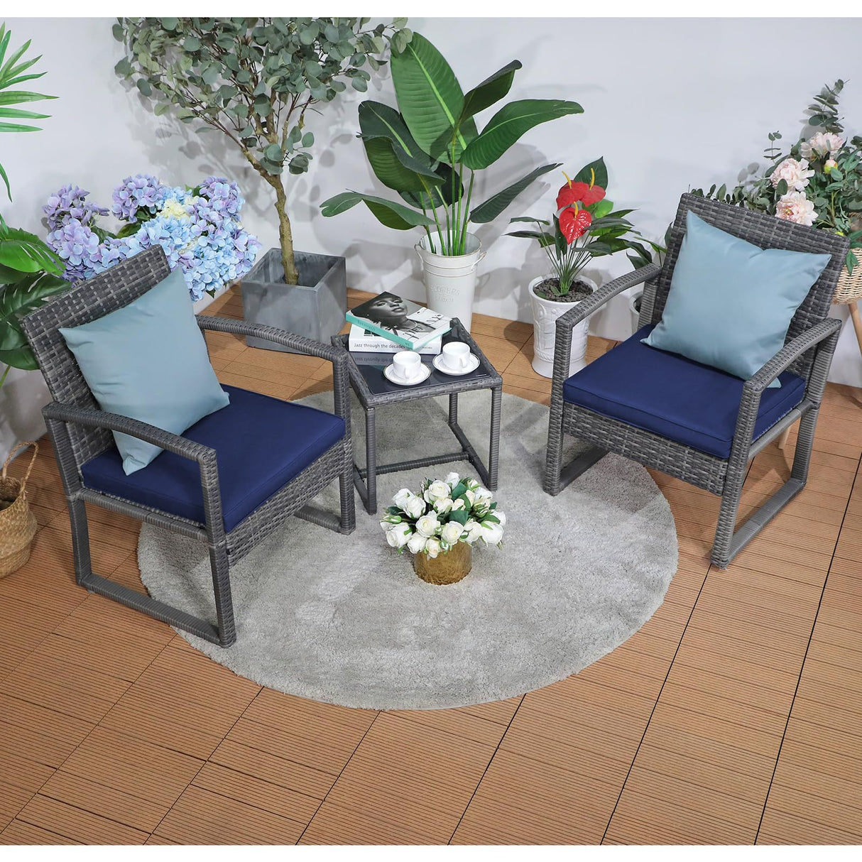 Patiorama 3 Pieces Outdoor Patio Furniture Set, Outdoor Wicker Conversation Set, Patio Rattan Chair Set, Modern Bistro Set with Coffee Table, Garden Balcony Backyard Poolside (Navy Blue) Patiorama