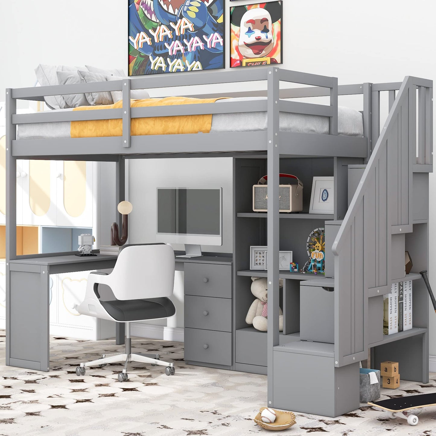 Twin Size Loft Bed with Desk, Stairs and Storage by Harper & Bright Designs - Solid Wood Frame in Grey - WoodArtSupply