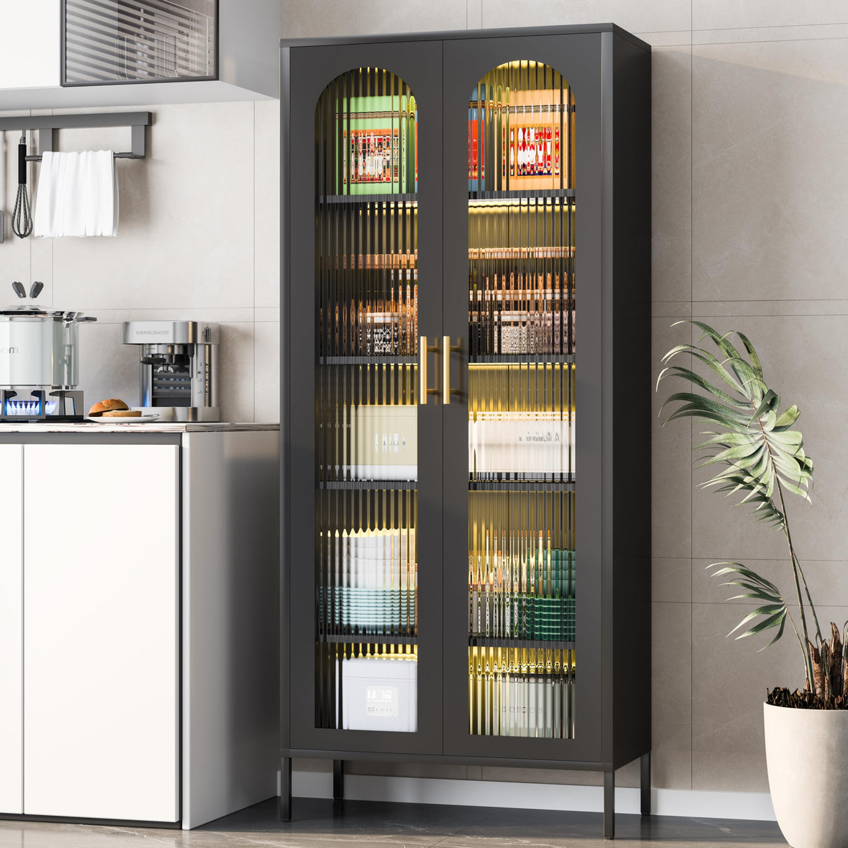 CBNTKI 71" Kitchen Pantry Cabinet,Tall Storage Cabinet with Glass Doors and LED Light,Glass Display Cabinet Black Cabinet for Dinning Room,Living Room,Kitchen,Entryway CBNTKI