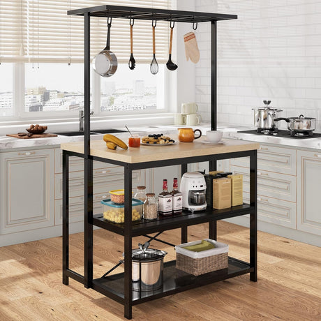 kitchen Island, Bakers Rack, Island Table for Kitchen,3 Tier Microwave Stand Oven Shelf with Storage, Storage Shelf for Kitchen Dining Room Living Room,5 Hooks (Pear Wood and White, 43.7*27.9*72) GAOMON