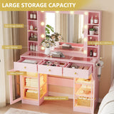 Makeup Vanity Desk with Mirror and Lights, Glass Top Vanity Table Set with Drawers & Power Outlet, Large Dressing Table with 3 Color Lighting Modes & RGB Cabinets for Women Girls Kids Bedroom, Pink Xixini