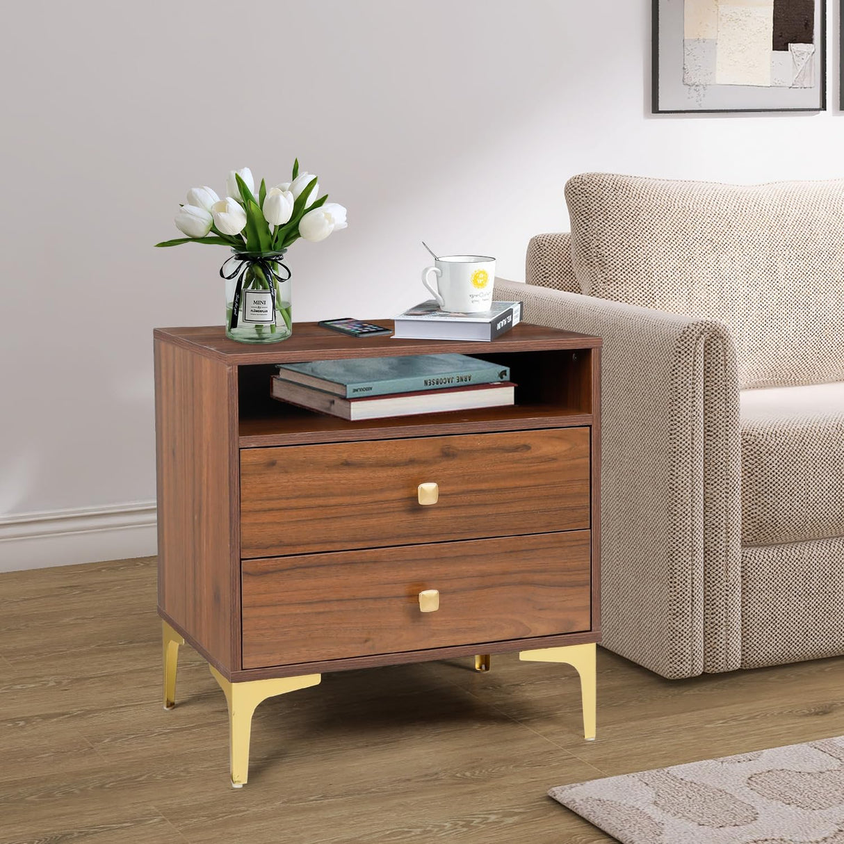 AILEEKISS Nightstands Set of 2 with Wireless Charging Function Wooden Night Stands 2 Sets with Drawers and Open Shelf Storage End Table Home Bedside Table for Bedroom (Brown 2 Sets) AILEEKISS