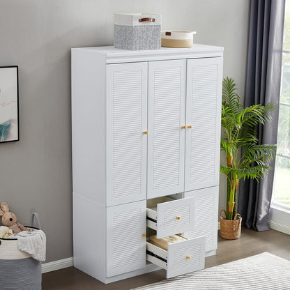 Sophshelter 74.2" Armoire Wardrobe Closet Storage, Wood 3 Door 2 Drawers White Closet Cabinet for Large Capacity, Tall Cabinet Closet with Hanging Rod and 5 Storage 47.3" L x 20.3" W x 74.2" H