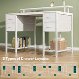 Huuger 47 inch Computer Desk with 4 Drawers, Gaming Desk with LED Lights & Power Outlets, Home Office Desk with Large Storage Space for Bedroom, Work from Home, White Huuger