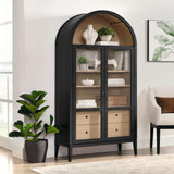 Modway Nolan Tall Arched Storage Display Cabinet in Black Oak - 74 Inch Arch Bookshelf with Glass Doors, Shelves and Drawers - Modern Accent Cabinet for Living Room, Dining Room Modway