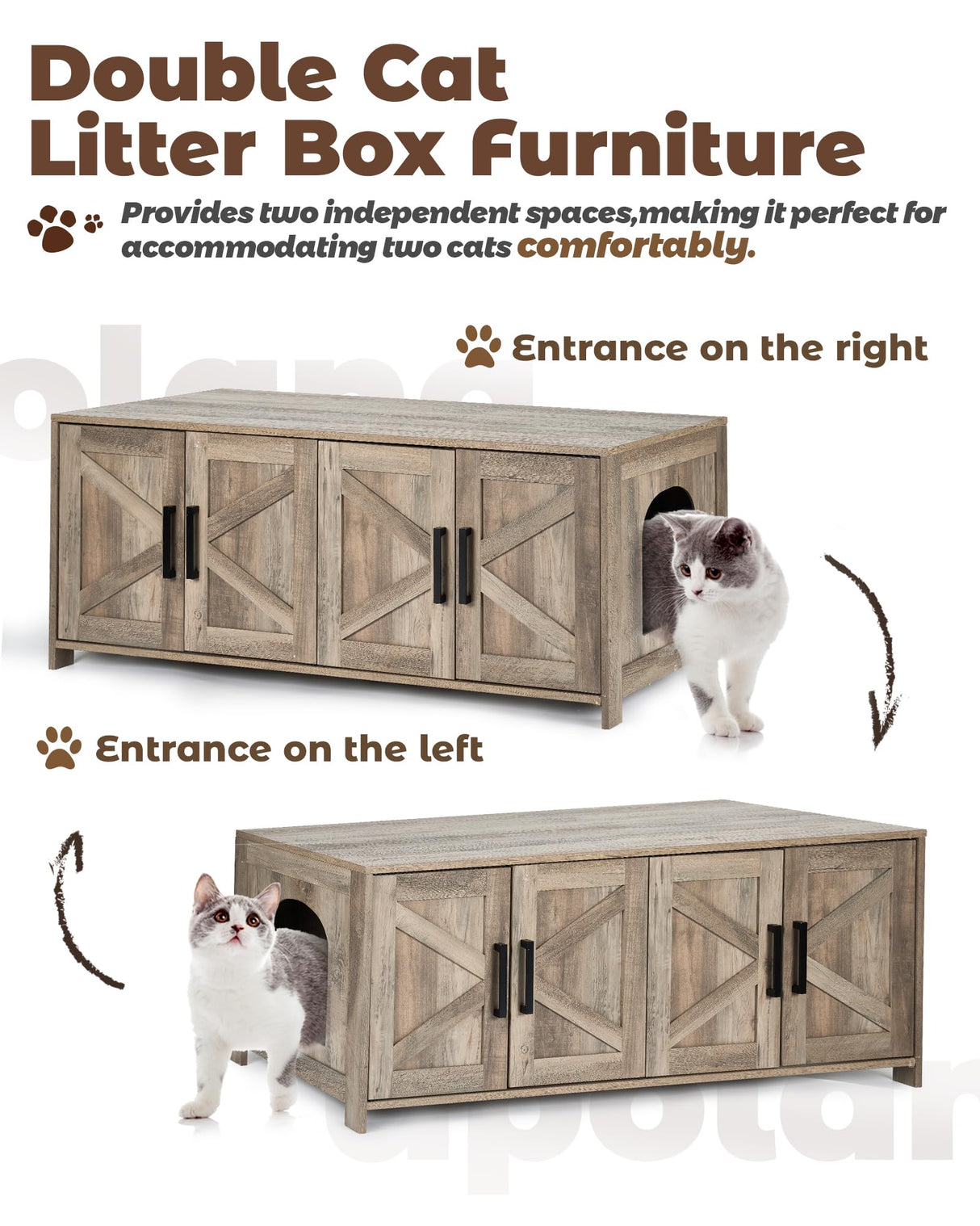 Upolana Cat Litter Box Enclosure, 48 inch Large Hidden Litter Box Furniture for 2 Cats, Double Wooden Kitty Litter Box Cabinet End Side Table, Greige Upolana