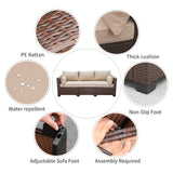 WAROOM Patio Couch PE Wicker 3-Seat Outdoor Brown Rattan Sofa Deep Seating Furniture with Non-Slip Beige Cushion WAROOM