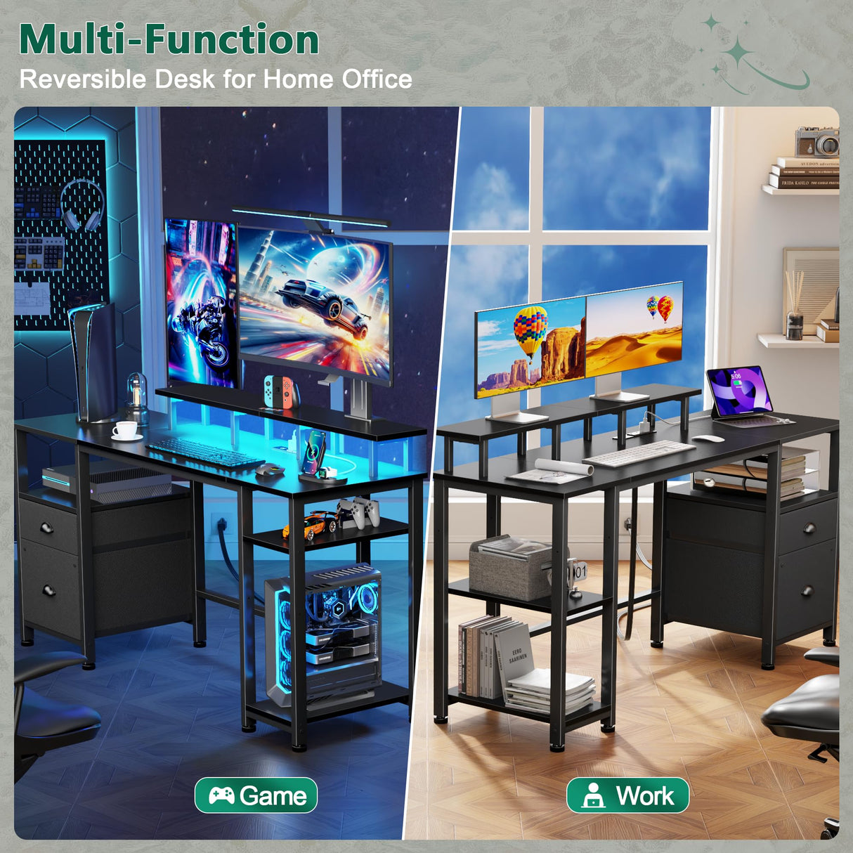 Furologee 51" Gaming Desk with Power Outlets & LED Lights, Reversible Computer Desk with File Cabinet & Monitor Stand for Home Office, Large Work Table with Storage Shelves & Drawer, Black Furologee