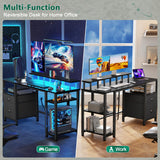 Furologee 51" Gaming Desk with Power Outlets & LED Lights, Reversible Computer Desk with File Cabinet & Monitor Stand for Home Office, Large Work Table with Storage Shelves & Drawer, Black Furologee