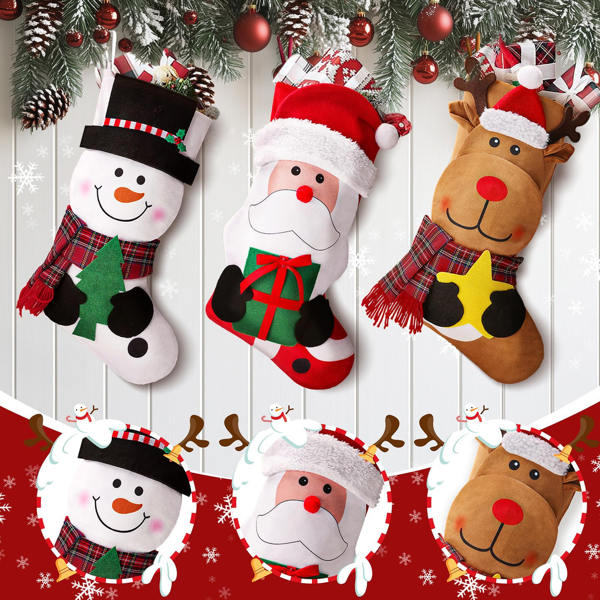 EverMerry Christmas Stockings, 3 PCS 18 Inches Classic Personalized Stockings for Fireplace Xmas Decoration, Large Santa, Snowman, Reindeer Stockings for Holiday Christmas Party EverMerry