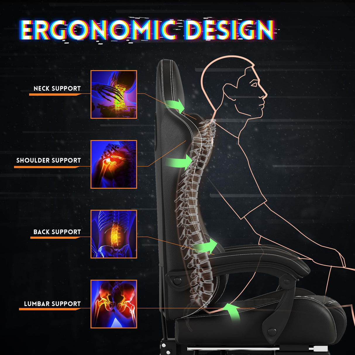 Gaming Chair, Computer Office Chair with Footrest, 155° Reclining Chair, Ergonomic High Back Computer Chair with Headrest and Lumbar Support for Adults and Kids(All Black) Gamtimer