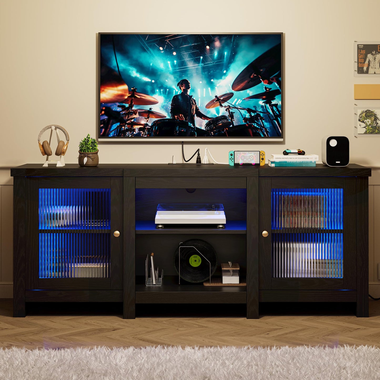 IRONCK TV Stand for 65 inch TV, Entertainment Center with Power Outlet and LED Light, TV Console Cabinet for Living Room/Bedroom, Black