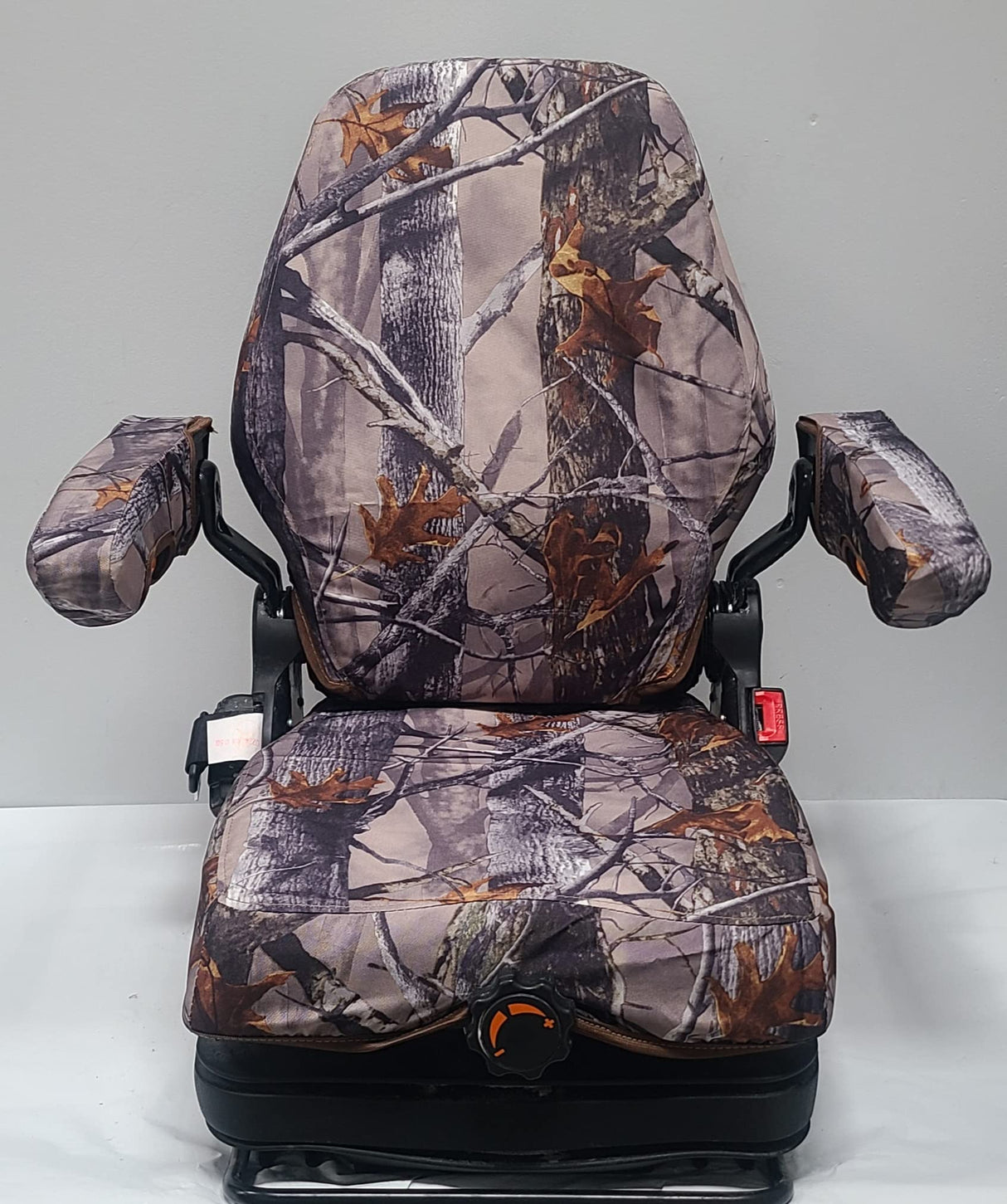 DSC Tractor Seats, Forklift/Tractor Replacement Suspension Seat with Built-in Headrest and Adjustable Armrest Customized in XD3 Camo Endura. TSKL10-XD3-C WoodArtSupply