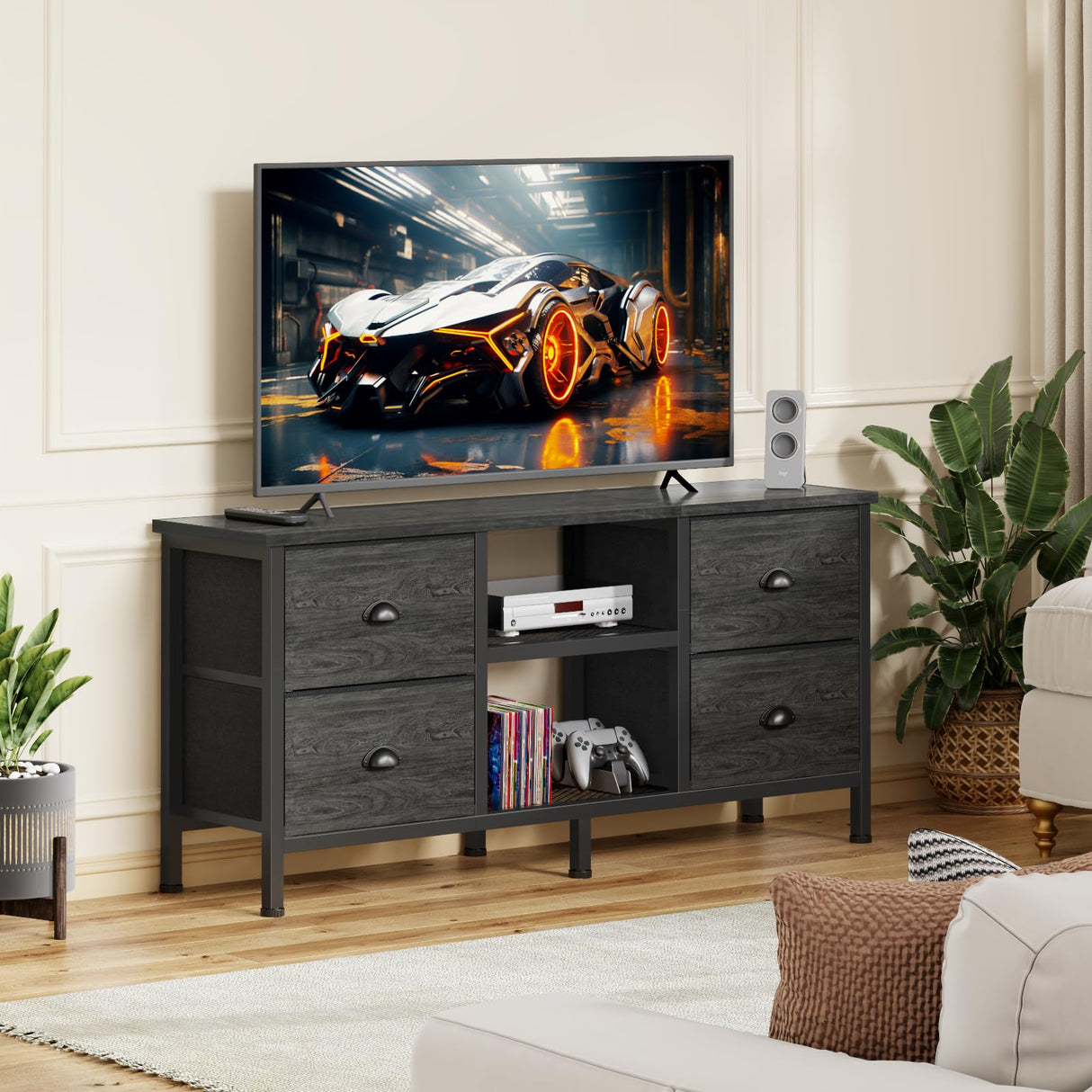 Furologee TV Stand with 4 Drawers, Small Entertainment Center with Open Shelf, Dresser TV Console Table for 50" TV, Media Center for Bedroom, Living Room/Black Oak Furologee