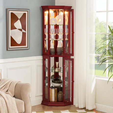 nifoti 69" H Lighted Curio Cabinet Corner Display Case, Corner Glass Cabinet with Tempered Glass Door & Adjustable Shelves, Wooden Corner Curio Cabinet w/Mirrored Back Pane for Living Room(Cherry) nifoti
