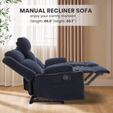 75'' Manual Reclining Sofa with Storage Drawer, 3 Seat Wall Hugger Recliner Couch with Cup Holders, Side Pockets, Chenille Fabric, Compact 3-Person Recliner for RV, Living Room, Apartment (Blue) LURVIA
