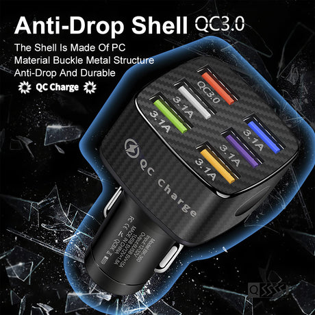 Amiss Car Charger Adapter, 6 USB Multi Port, Fast Charger, Include QC 3.0 and 5 Other Ports, Car Interior Accessories, Fit for iPhone 13/12/11/pro, Samsung Galaxy/Note S10/S9/S8, Android - Black Amiss