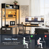 Tioutbot U Shaped Desk with Power Outlets & LED Lights, 79" Reversible L Shaped Desk with Drawers, Corner Computer Office with Monitor Stand & Storage Shelves 4 Drawers Black Tioutbot