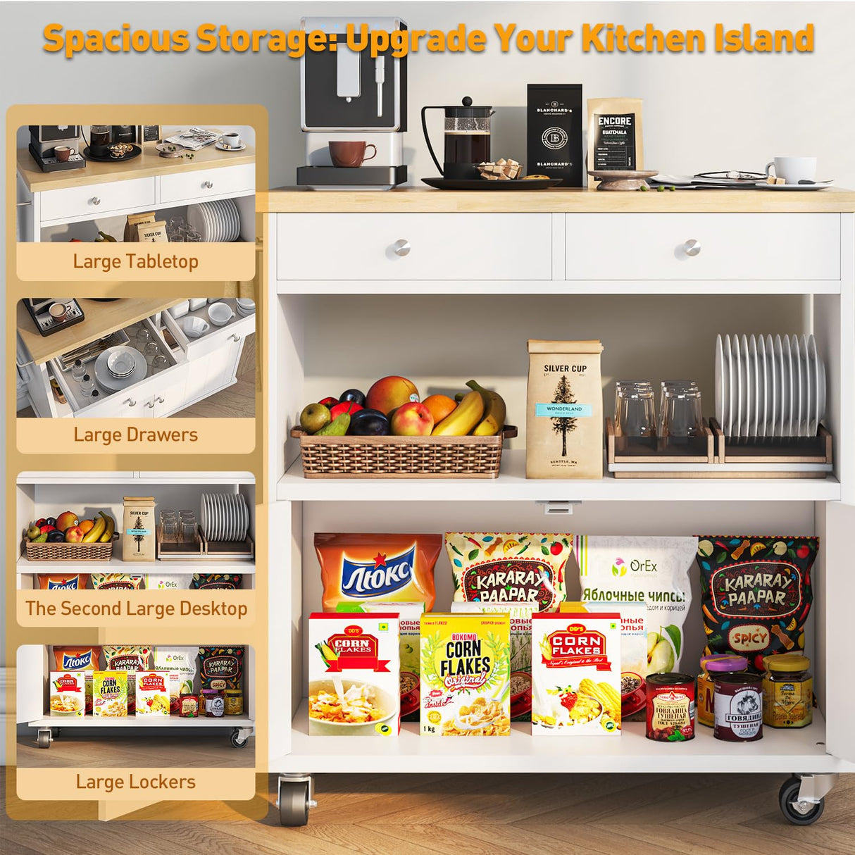 knoworld Rolling Kitchen Island with Storage Cabinet, 35.4'' Width Kitchen Cart, 2 Drawers Island Table, Portable Mobile Kitchen Island with Towel Rack, Wood Top and Lockable Wheels, White knoworld